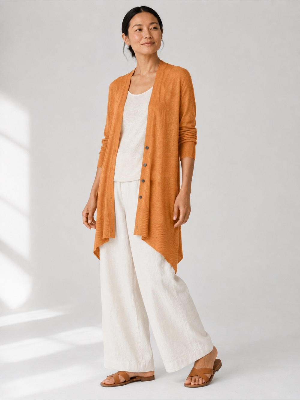 Eileen Fisher Linen Cardigan Orange Button Up Women Petite Size L